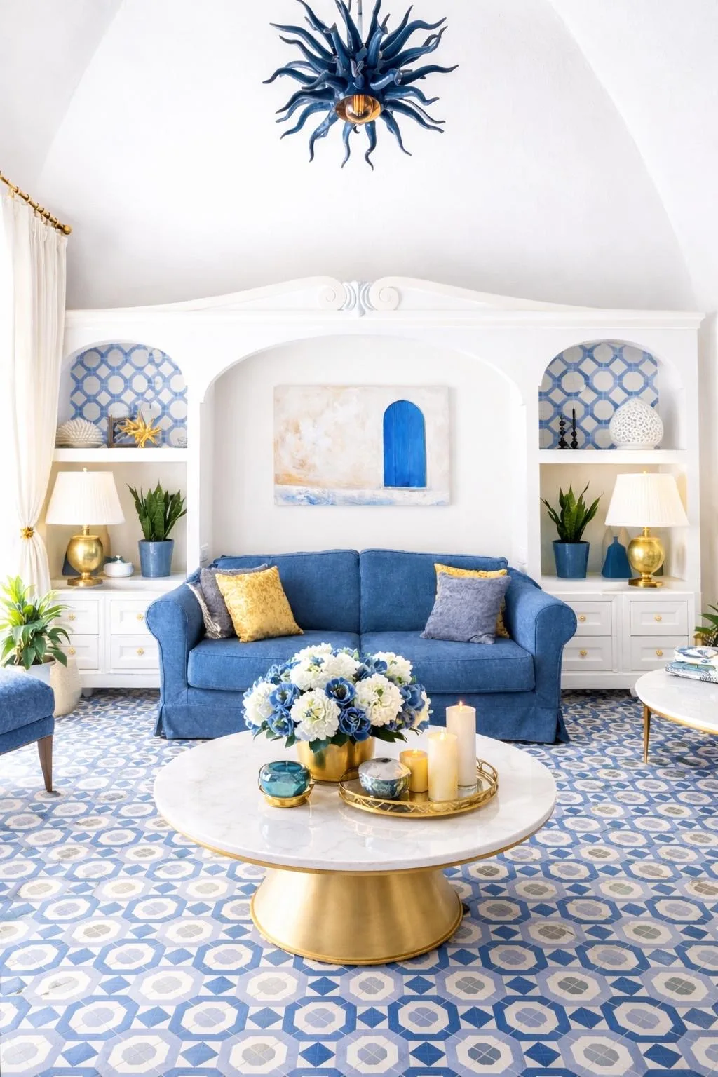 Living room with blue sofa at Casa Giorgio, Positano